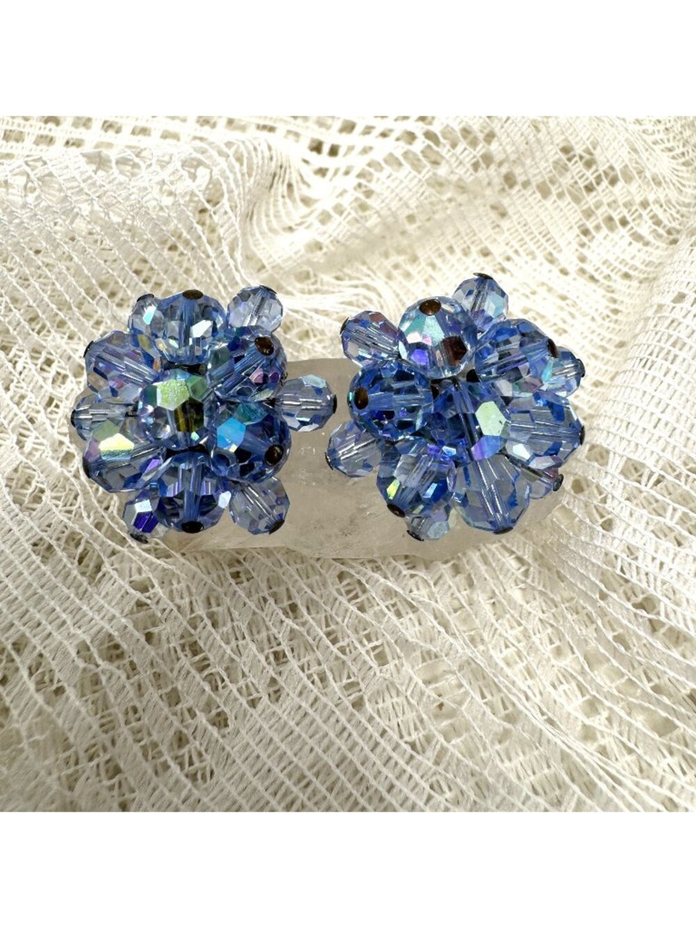 Vintage Aurora Borealis Blue Crystal Clip-On Earrings Floral Design